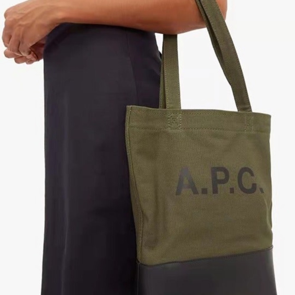 A.P.C. AXELLE LEATHER & CANVAS TOTE- OLIVE/BLACK- UNISEX NWOT- Badass!